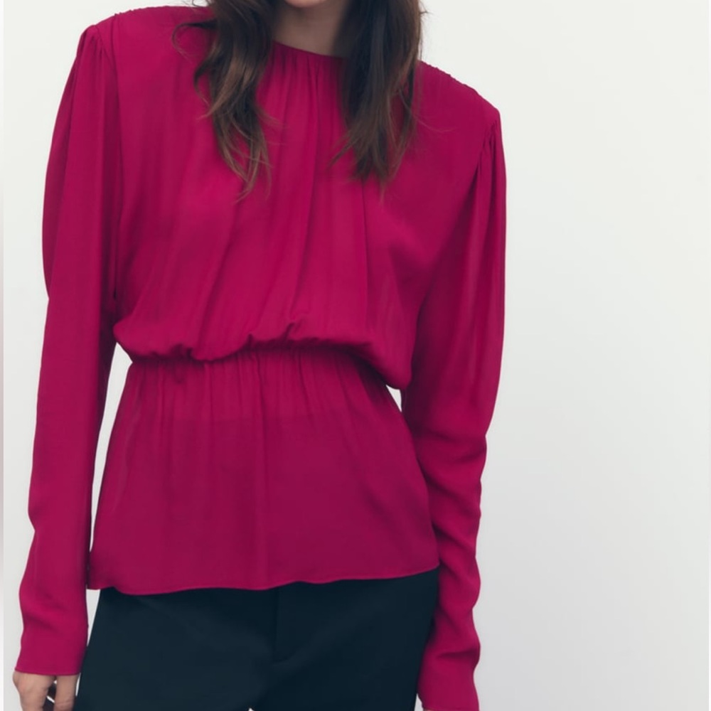 Zara Semi Sheer Open Back Blouse Top with Shoulder Pads Fuchsia Pink XLarge